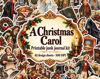Op de afbeelding: Een printbare junk journal kit getiteld A Christmas Carol met 42 designvellen op 300 DPI. Het centrale label is omringd door Victoriaanse illustraties, waaronder personages, een kalkoen, een viool, geschenken en hulst.