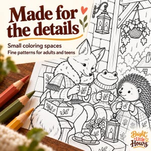 Detailed black-and-white coloring scene with a fox, frog and porcupine sharing tea, showing patterned scarves and small coloring spaces for adults and teens.