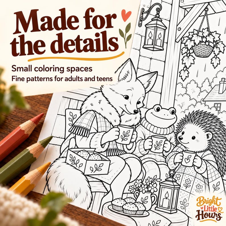 Detailed black-and-white coloring scene with a fox, frog and porcupine sharing tea, showing patterned scarves and small coloring spaces for adults and teens.