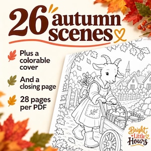 Cropped harvest-cart coloring scene with a goat, apples and pumpkins. Text explains 26 autumn scenes, a colorable cover and closing page, totaling 28 pages per PDF.