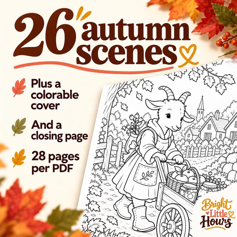 Cropped harvest-cart coloring scene with a goat, apples and pumpkins. Text explains 26 autumn scenes, a colorable cover and closing page, totaling 28 pages per PDF.