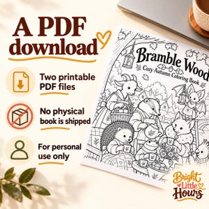 Cropped Bramble Woods Cozy Autumn cover beside a closed laptop. Text states two printable PDF files, no physical book is shipped and personal use only.