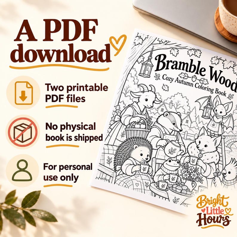 Cropped Bramble Woods Cozy Autumn cover beside a closed laptop. Text states two printable PDF files, no physical book is shipped and personal use only.