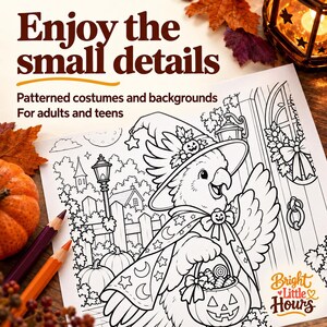 Cropped black-and-white coloring scene of a cockatoo wearing a witch hat and patterned cape, with a pumpkin candy bucket. Text highlights small details and suitability for adults and teens.