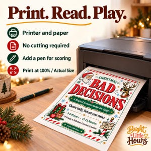 Christmas Bad Decisions cover emerging from a desktop printer, with a pen nearby and instructions for printing without cutting.