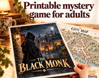 Printable mystery game for adults: The Black Monk, a detective game for date night or solo play, 46-page PDF in A4 & US Letter