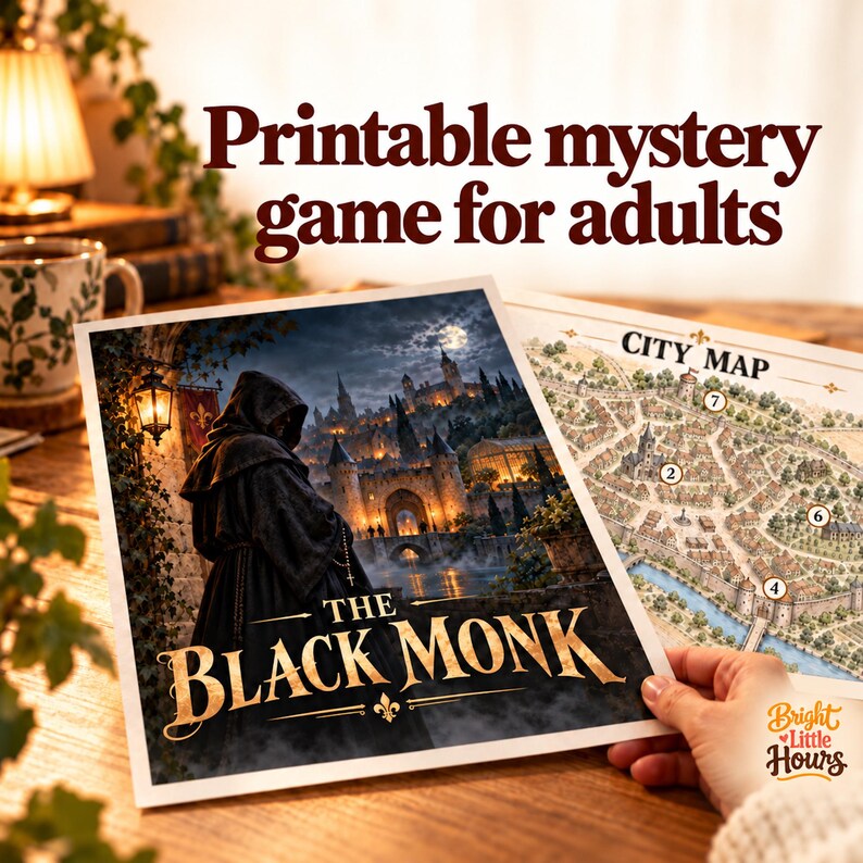 Op de afbeelding: Een printbaar mysteriespel getiteld The Black Monk met een figuur in een donkere kapmantel voor een middeleeuws kasteel bij nacht, vergezeld van een gedetailleerde stadsplattegrond met genummerde locaties en de tekst Bright Little Hours.