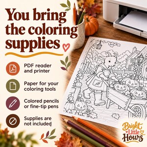 Printer, paper and colored pencils beside a cropped goat-and-pumpkin-cart coloring print. Text lists a PDF reader, printer, suitable paper and coloring tools; supplies are not included.