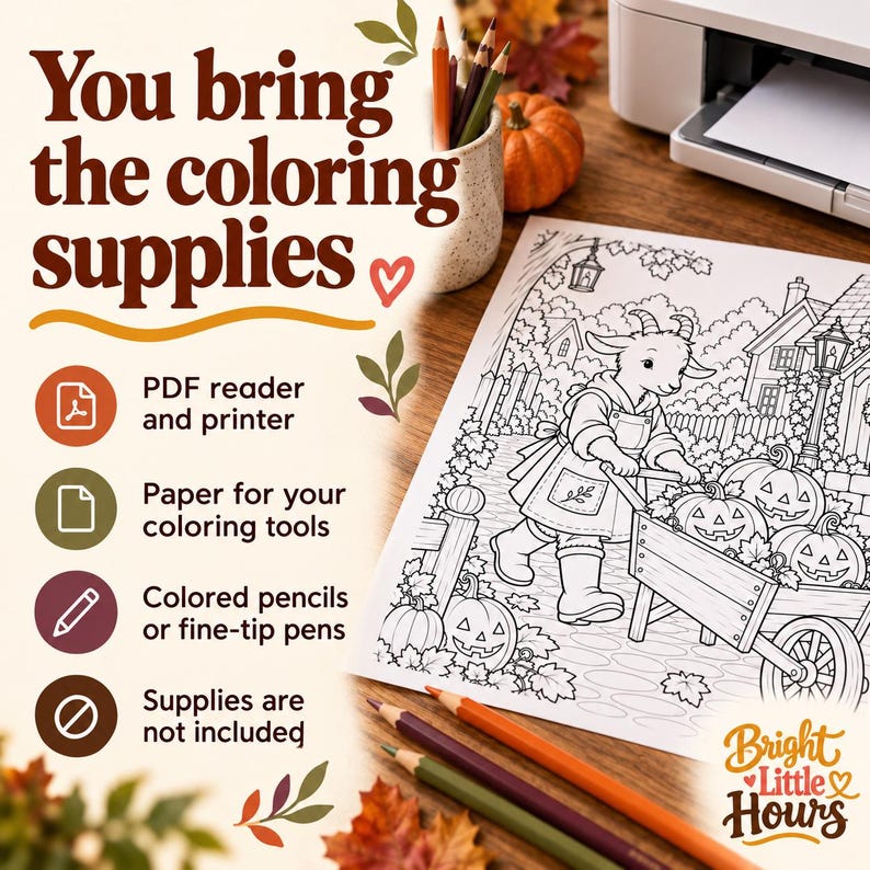Printer, paper and colored pencils beside a cropped goat-and-pumpkin-cart coloring print. Text lists a PDF reader, printer, suitable paper and coloring tools; supplies are not included.