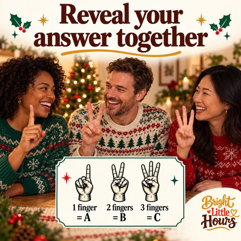 Three adult friends reveal one, two or three fingers together, with the game's illustrated A/B/C finger-choice guide below them.