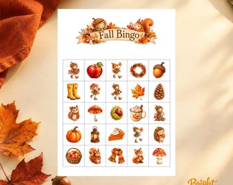 May include: A Fall Bingo game card featuring a title banner with a squirrel and acorn illustration. The grid contains twenty-five squares with autumn-themed icons including a red apple, yellow boots, a pumpkin, a lantern, and a fox.
