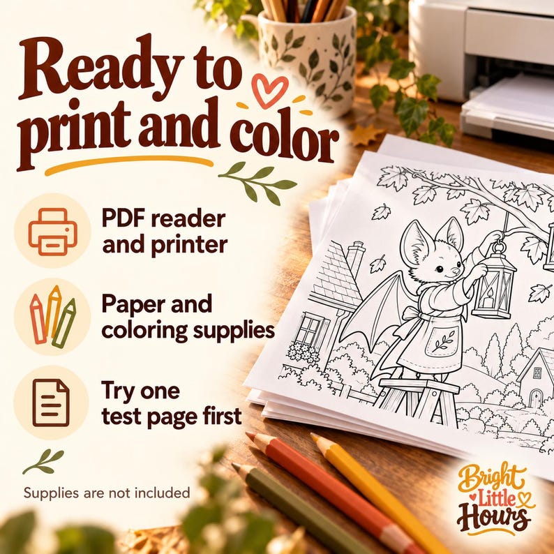 Printer, paper and colored pencils beside a cropped bat-and-lantern coloring print. Text lists required supplies and recommends a test page; supplies are not included.