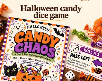 Halloween candy dice game: Printable party game for kids & families