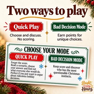 Quick Play and Bad Decision Mode explained above a selected rule-page detail: discuss without scoring or earn points for unique choices.