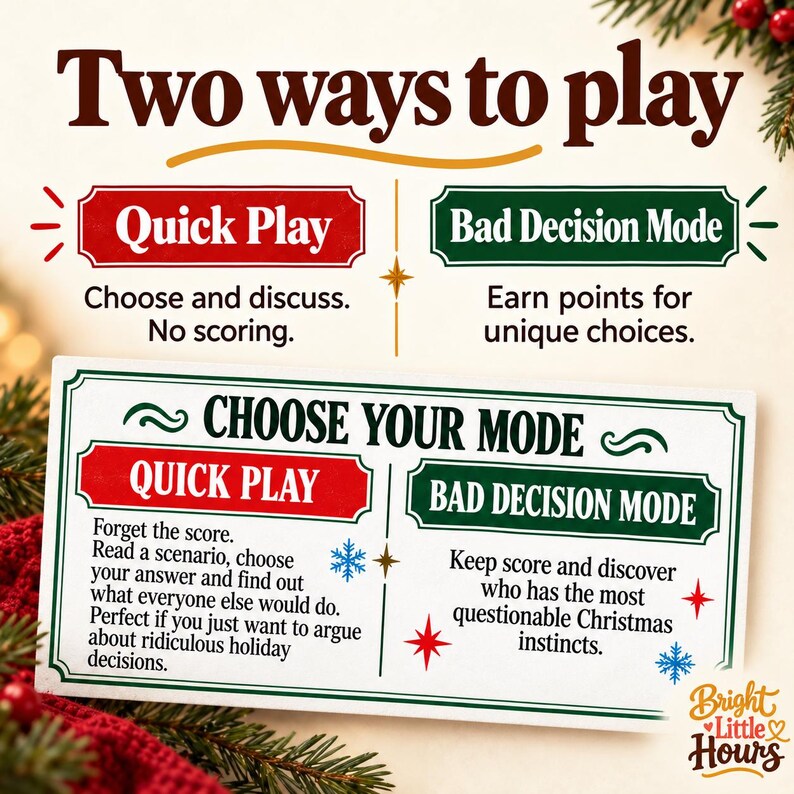 Quick Play and Bad Decision Mode explained above a selected rule-page detail: discuss without scoring or earn points for unique choices.