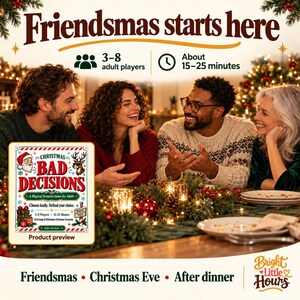 Four adults discuss choices at a Christmas gathering, with a separate product preview and details for 3–8 players and approximately 15–25 minutes.
