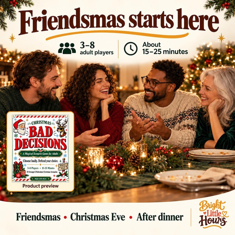 Four adults discuss choices at a Christmas gathering, with a separate product preview and details for 3–8 players and approximately 15–25 minutes.