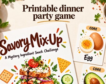 Printable dinner party game: cooking challenge with 72 ingredient cards and 18 secret twists
