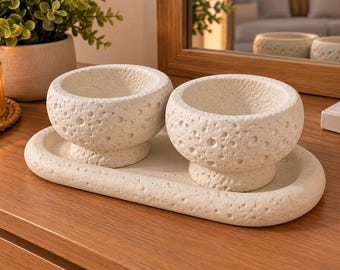 Set de 2 cuencos decorativos texturizados con bandeja ovalada