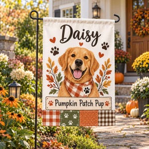 Personalized fall dog garden flag, golden retriever autumn yard flag, pumpkin patch pup pet welcome flag, dog lover decor, Flag