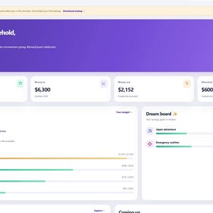 May include: A digital financial dashboard interface titled MoneyQuest, featuring a purple header with the text The Rivera household, you've got this, a progress circle showing 74, and various data cards displaying budget allocations, monthly spending, and a dream board.