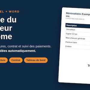 Pode incluir: Um conjunto de modelos digitais para trabalhadores autônomos em Quebec, com arquivos Excel e Word para orçamentos, faturas e contratos. A imagem mostra um exemplo de orçamento com colunas de descrição, quantidade e valor, e botões laranja.
