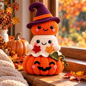 Può includere: Una decorazione amigurumi all'uncinetto impilata composta da una grande base a forma di zucca arancione, una figura di fantasma bianca al centro e una piccola zucca arancione che indossa un cappello da strega viola con una fascia arancione, tutte con volti ricamati.