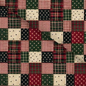 May include: A fabric featuring a patchwork design of alternating squares. The pattern consists of red and white gingham, dark green and red plaid, and cream squares decorated with small black stars, arranged in a repeating grid layout.