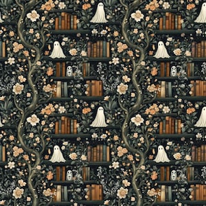 May include: A repeating pattern featuring dark shelves filled with brown books, interspersed with white ghost figures and climbing vines with light orange and white flowers. The design creates a dense, layered visual of a library intertwined with nature.