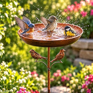 May include: A copper-coloured birdbath on a tall metal stand features a wide, shallow basin filled with water. Two decorative metal birds are attached to the central pole. Three live birds are splashing in the water, creating visible droplets.