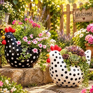 May include: Two ceramic chicken-shaped planters with white polka dots on black and white backgrounds. The black chicken holds pink flowers and purple lavender, while the white chicken contains a cluster of green and purple succulents.