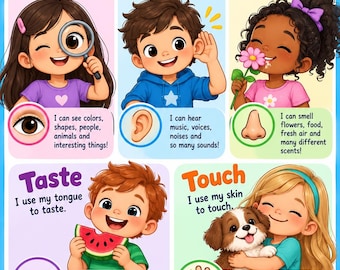 5 Senses Educational Poster for Kids, Preschool Science Learning (Digital Download)
