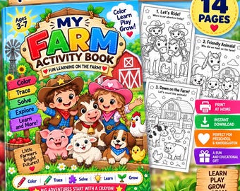 Farm Activity Book for Kids, Cowboy Cowgirl Learning Games (PDF Download)