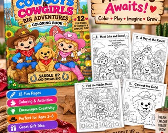 Little Cowboys & Cowgirls Coloring Book, Western Adventure Activity (Digital Download)