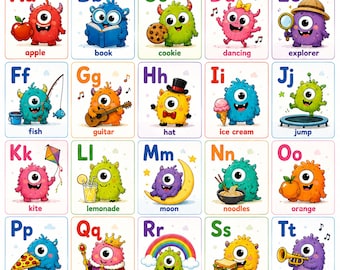 Mini Monsters Alphabet Poster, Preschool ABC Learning Chart (Digital Download)