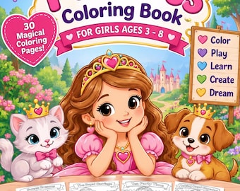 Princess Coloring Book for Girls, 30 Magical Pages (Digital Download)