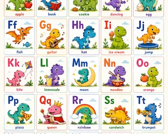 Dinosaur Alphabet Poster for Kids, ABC Learning Chart, Preschool Classroom Decor, Kindergarten Homeschool Printable