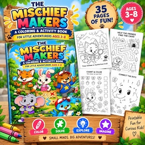 May include: The Mischief Makers colouring and activity book features a colourful cover with a fox, rabbit, bear, elephant, and blue bird. It includes 35 pages of fun with mazes, counting, and connect-the-dots activities for ages 3-8, plus four icons.