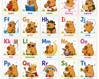Capybara Alphabet Poster for Kids, ABC Learning Chart, Preschool Classroom Decor, Kindergarten Homeschool Printable