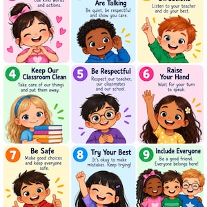 Op de afbeelding: Een kleurrijke educatieve poster getiteld Classroom Rules met negen genummerde secties met illustraties van kinderen en gedragsregels. Onderaan staat een stapel boeken met de labels Kindness, Respect, Learning en Friendship.