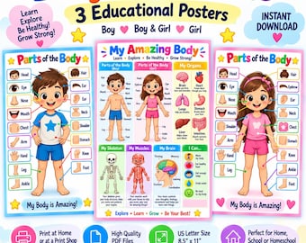 Kids Body Parts Educational Posters, Boy Girl Anatomy, Preschool Learning (Digital Download)