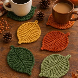 Può includere: Una collezione di sei sottobicchieri all'uncinetto a forma di foglie autunnali nei toni del verde scuro, verde chiaro, giallo e arancione bruciato. I sottobicchieri presentano una venatura centrale e una trama a coste, con due tazze posizionate sopra.