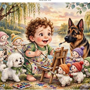 May include: A curly-haired child wearing a paint-splattered apron sits at an easel painting, surrounded by a German Shepherd, a white fluffy dog, and several small lambs wearing colorful knit hats in a lush outdoor landscape by a river.