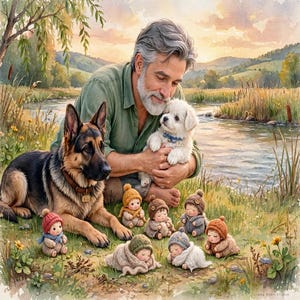 May include: A watercolor illustration of a gray-haired person in a green shirt holding a white puppy, with a German Shepherd dog lying nearby. Six small dolls in knitted hats and outfits are arranged on the grass in the foreground.