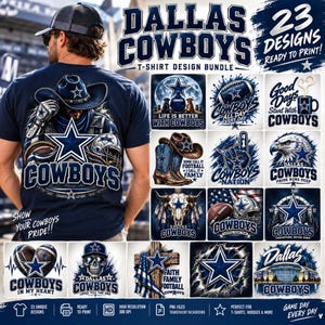 May include: A digital collection of 23 Dallas Cowboys t-shirt designs featuring various graphics including a football player in a cowboy hat, a skull, a stadium, an eagle, and a steer skull, all incorporating the team star logo and text.