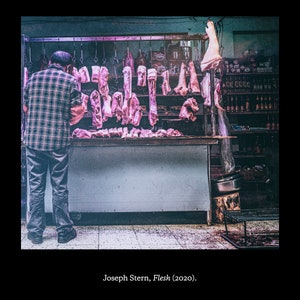 "Flesh" by Joseph Stern. Photographof a butcher working with various hung-up cuts of pork.