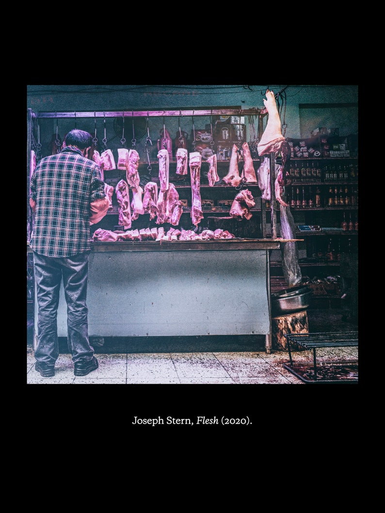 "Flesh" by Joseph Stern. Photographof a butcher working with various hung-up cuts of pork.