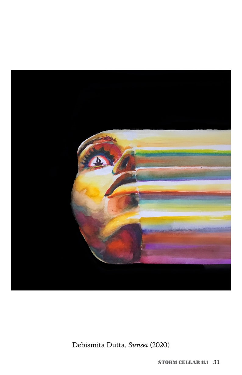 "Sunset" by Debismita Dutta. Watercolor of a face distorting into a rainbow.