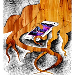 "Cellular Decay" by Whitman Craig. Drawing of a tree root destroying a cell phone.