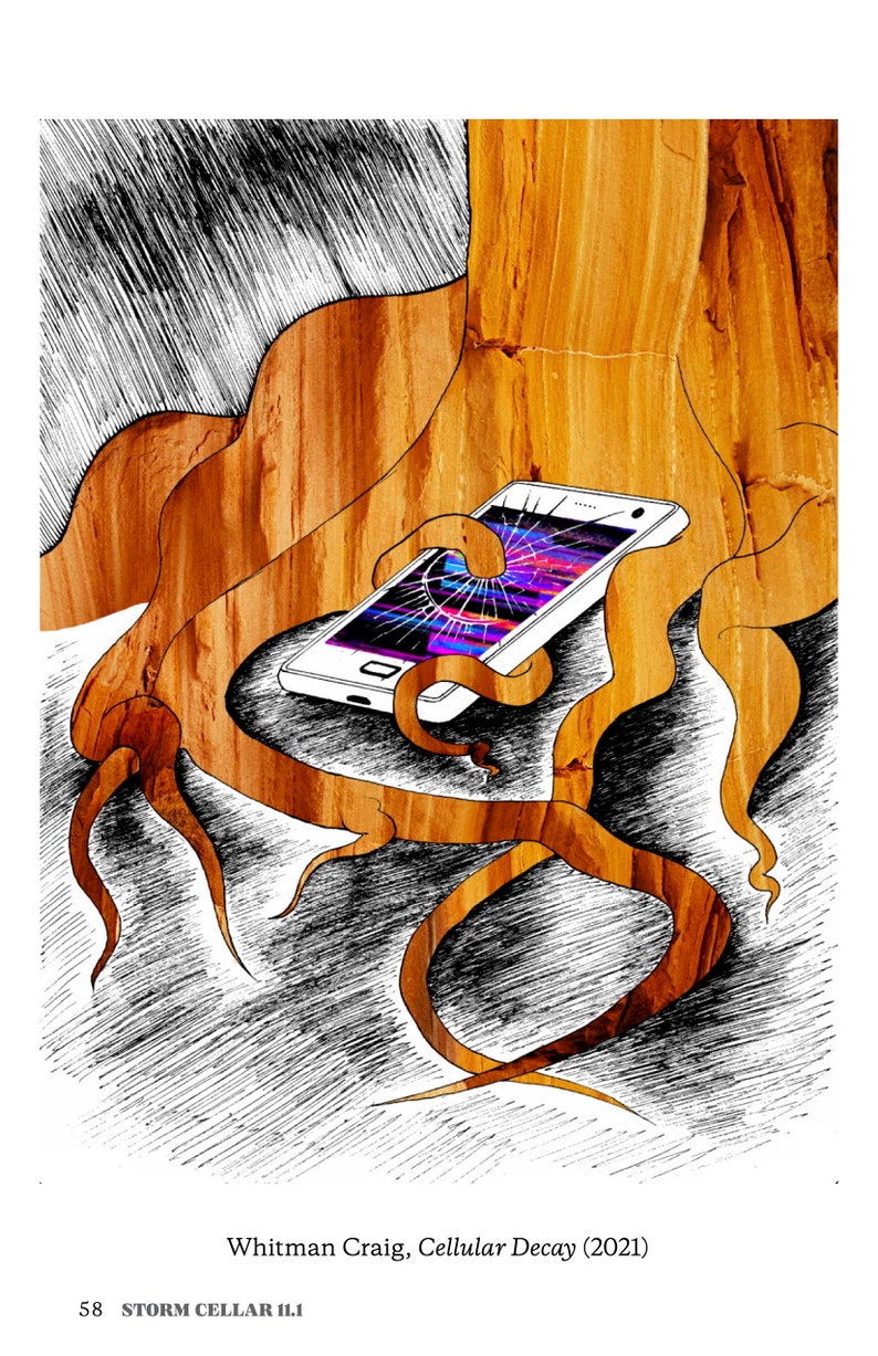 "Cellular Decay" by Whitman Craig. Drawing of a tree root destroying a cell phone.